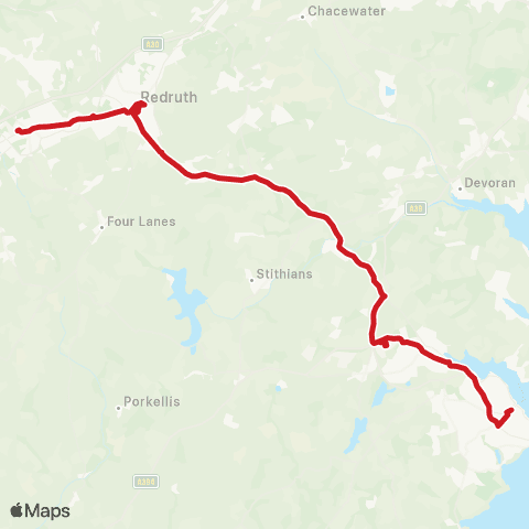 Go Cornwall Bus Barncoose Hospital - The Moor A map