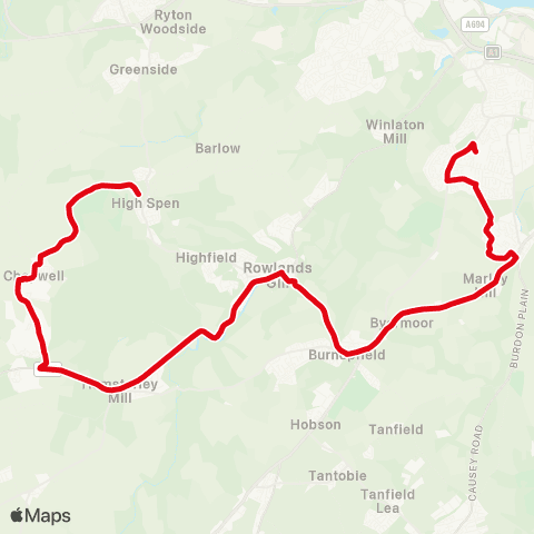 Go North East Glossop St-Roseview Cottage - Whickham Sch map