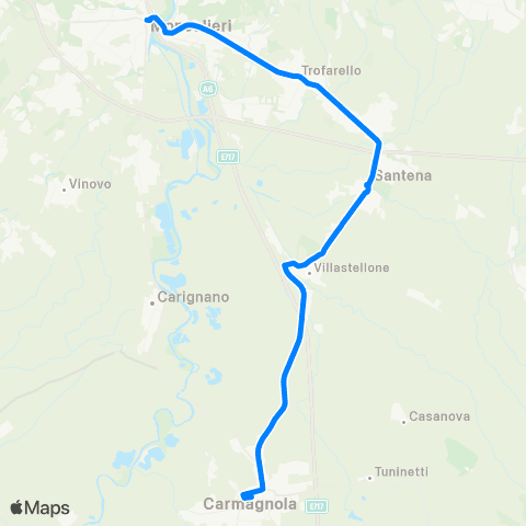 GTT Torino Linea Operaia - Borgo Aje - Cambiano - Santena - Villastellone - Carmagnola map