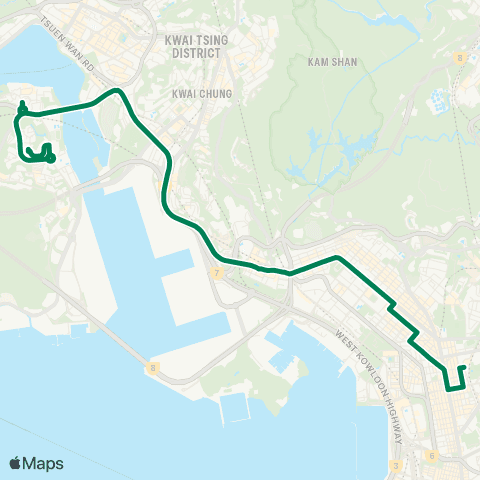 Kowloon Motor Bus Tsing Yi Estate - Mong Kok East Station map