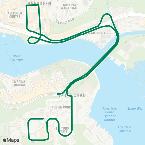 Green Minibus Services Yue On Court (Ap Lei Chau) - Aberdeen (Circular) map