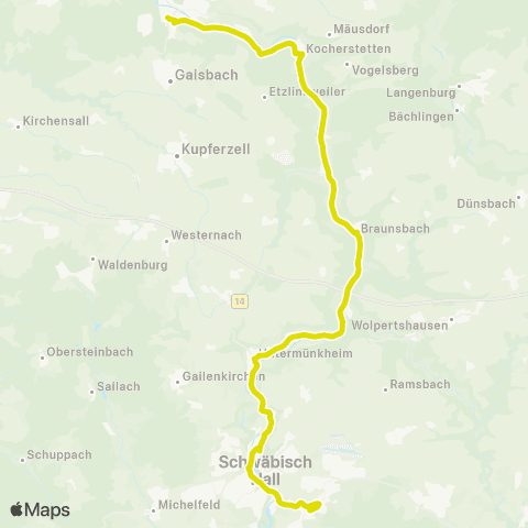  Heilbronner · Hohenloher · Haller Nahverkehr GmbH (SHA-Hessental - ) Schwäbisch Hall - Untermünkheim - Braunsbach - Künzelsau map