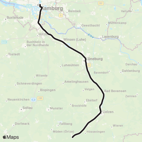 HVV Gesamtfahrplan: Hamburg > Lüneburg > Uelzen map