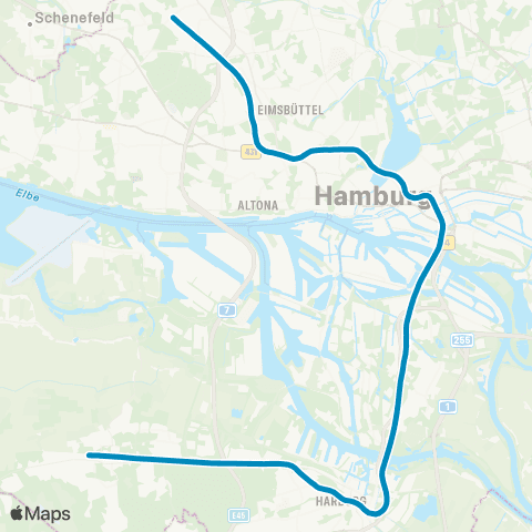 HVV Elbgaustraße > Hamburg Hbf > Harburg > Neugraben > Buxtehude > Stade map