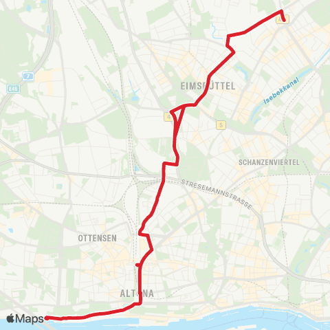 HVV MetroBus Neumühlen (Fähre) > Bf. Altona > Hoheluft, Gärtnerstr. map