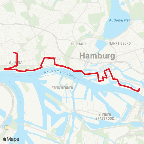 StadtBus/RegionalBus (Hamburg) Bf. Altona > Landungsbr. > Hafencity > Elbbrücken map