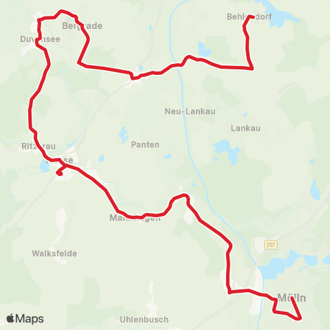 StadtBus/RegionalBus (Umland) Behlendorf > Bergrade > Nusse > Hammer > Mölln, Schulberg map