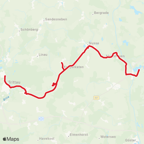 StadtBus/RegionalBus (Umland) Mölln > Hammer > Nusse > Trittau map