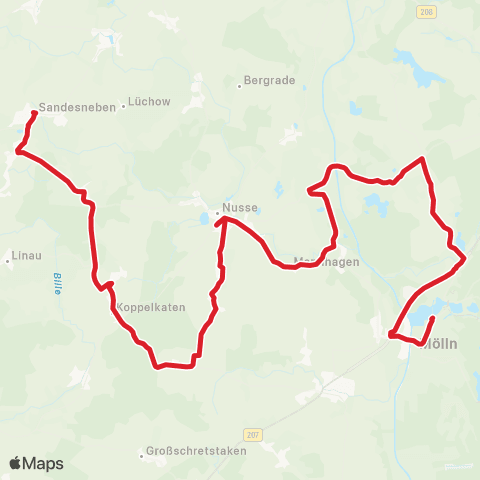 StadtBus/RegionalBus (Umland) Mölln, Zob > Lankau > Nusse > Koberg > Sandesneben map