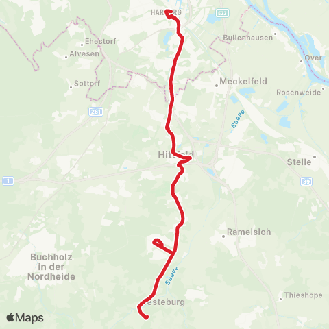 StadtBus/RegionalBus (Umland) Jesteburg - Bendestorf - Hittfeld - Sinstorf - Bf.Harburg map