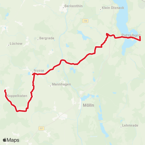StadtBus/RegionalBus (Umland) Koberg > Nusse > Ratzeburger Schulen map