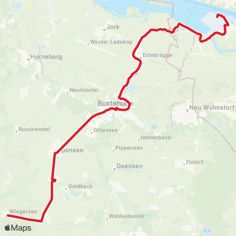 StadtBus/RegionalBus (Umland) Wiegersen > Sauensiek - Apensen - Buxtehude > Finkenwerder map