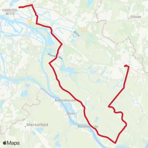 StadtBus/RegionalBus (Hamburg) Hauptbahnhof / Zob > Tiefstack > Fünfhausen > Kirchwerder > Bf. Bergedorf map