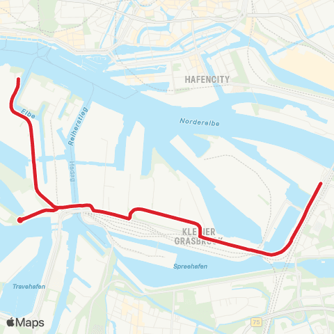 StadtBus/RegionalBus (Umland) Steinwerder > Hafenmuseum > Veddel > Kleiner Grasbrook > %Ubelbbrücken map