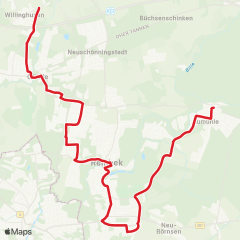 StadtBus/RegionalBus (Hamburg) Willinghusen > Glinde > Reinbek > Wentorf > Aumühle map