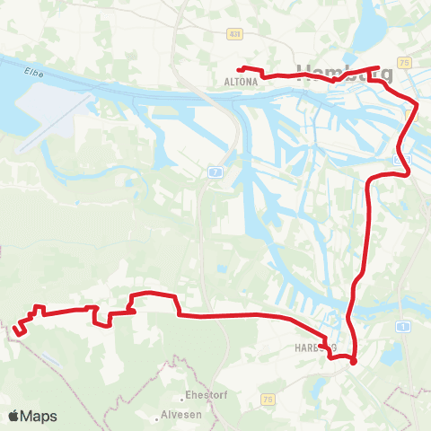 NachtBus Bf. Altona > Reeperbahn > Harburg Rathaus > Neckersstücken map