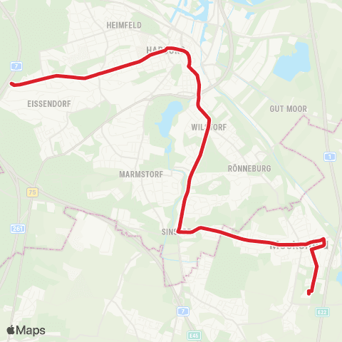 StadtBus/RegionalBus (Hamburg) Heimfeld > Eißendorf > Harburg Rathaus > Sinstorf > Meckelfeld map