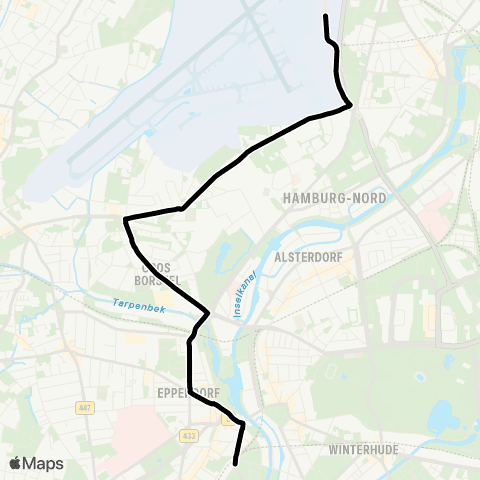 NachtBus Winterhude > Hamburg Airport map