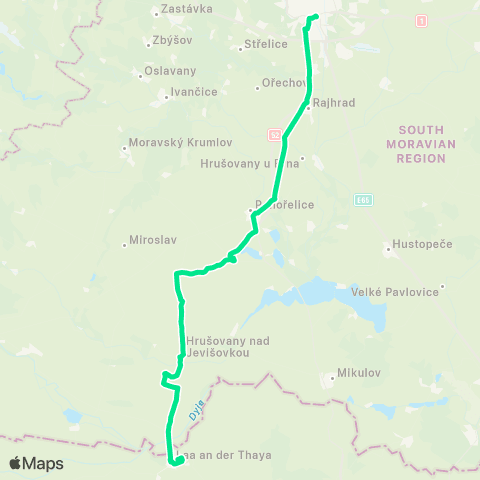 IDS JMK Brno - Pohořelice - Vlasatice - Hrušovany Nad Jevišovkou - Hevlín - Laa An Der Thaya map