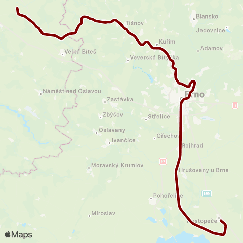 IDS JMK Křižanov - Tišnov - Brno Hl.N. - Vranovice - Šakvice - Hustopečetišnov - Brno Hl.N. - Židlochovice map