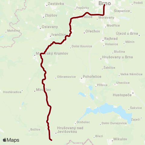 IDS JMK Hrušovany N.J.-Šanov - Bohutice - Moravský Krumlov - Moravské Bránice - Střelice - Brnoivančice - Moravské Bránice - Střelice - Brno map
