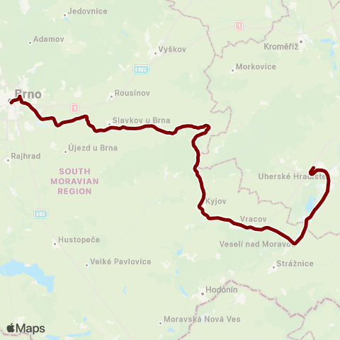 IDS JMK Brno - Šlapanice - Slavkov U Brna - Bučovice - Kyjov - Veselí Nad Moravou - Uherské Hradiště - Staré Město U U. H. map