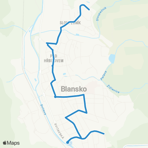 IDS JMK Blansko: Písečná, Penzion – Autobusové Stanoviště – Okružní map