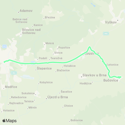 IDS JMK Brno - Velešovice - Rousínov - Komořany - Podbřežice - Letonice - Bučovice map