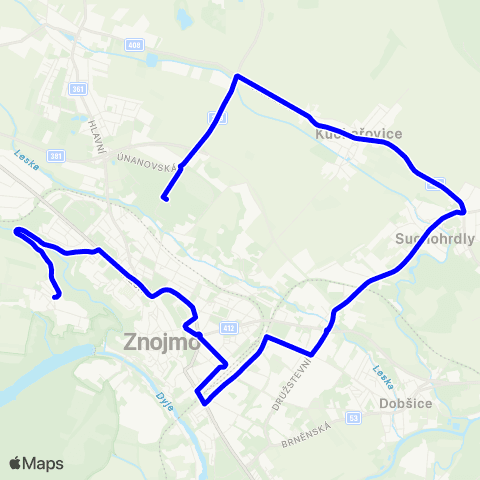 IDS JMK Znojmo: Hradiště – Železniční Stanice – Suchohrdly – Kuchařovice - Nemocnice map