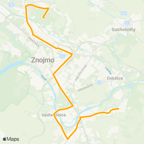 IDS JMK Znojmo: Nemocnice - Železniční Stanice - Nový Šaldorf - Oblekovice map