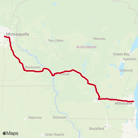 Jefferson Lines Minneapolis - > Milwaukee (Bus Station) map