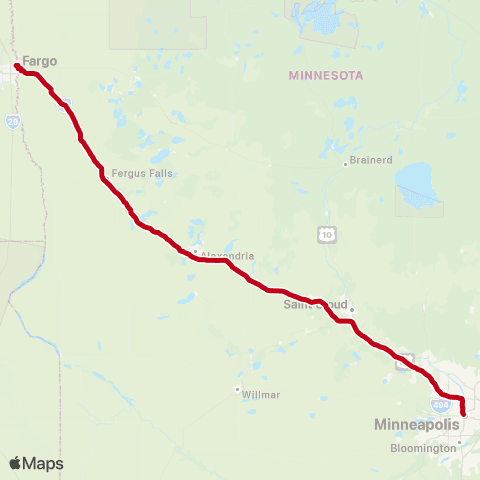Jefferson Lines Minneapolis - > Fargo (NDSU) map