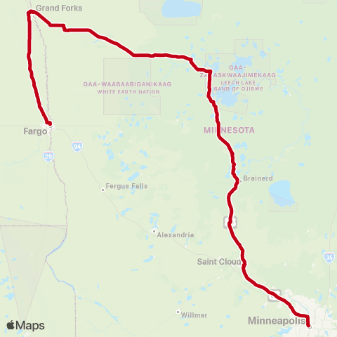 Jefferson Lines Minneapolis - > Fargo (NDSU) map