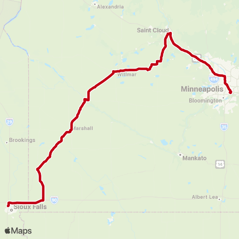 Jefferson Lines Sioux Falls - > Minneapolis-St Paul (Airport - MSP) map