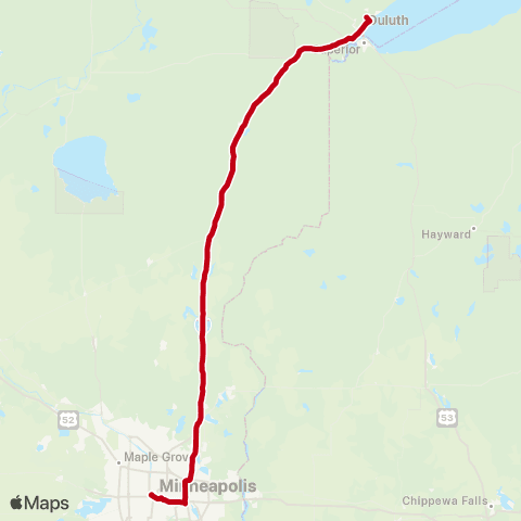 Jefferson Lines Duluth (U of MN - Kirby Plaza) - > Minneapolis map