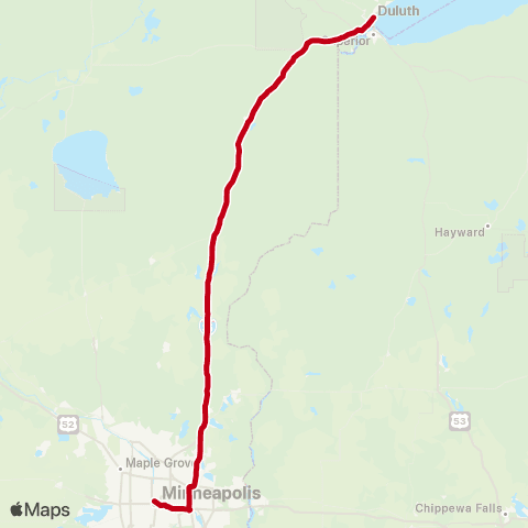Jefferson Lines Minneapolis - > Duluth map