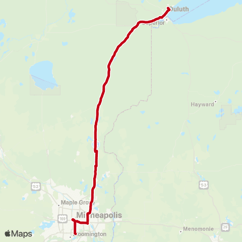 Jefferson Lines Duluth (U of MN - Kirby Plaza) - > Minneapolis (Mall of America) map