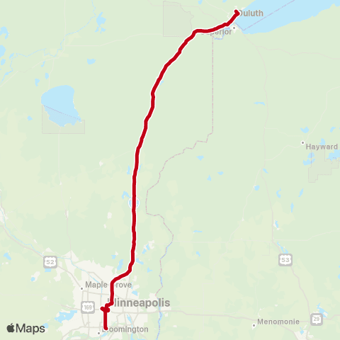 Jefferson Lines Minneapolis (Mall of America) - > Duluth (U of MN - Kirby Plaza) map