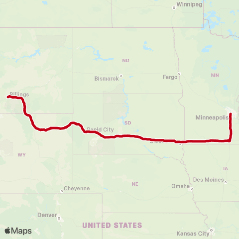Jefferson Lines Minneapolis - > Billings map