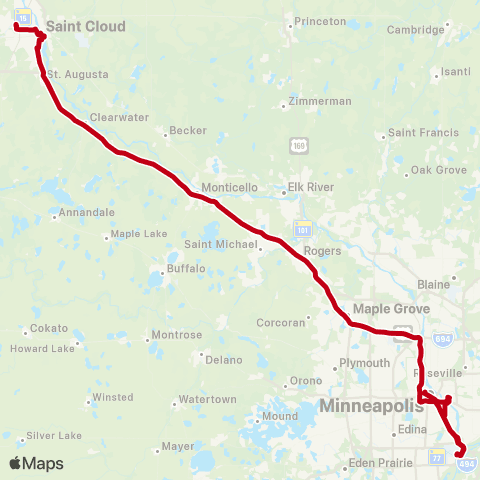 Jefferson Lines St. Cloud (VA) - > Minneapolis map
