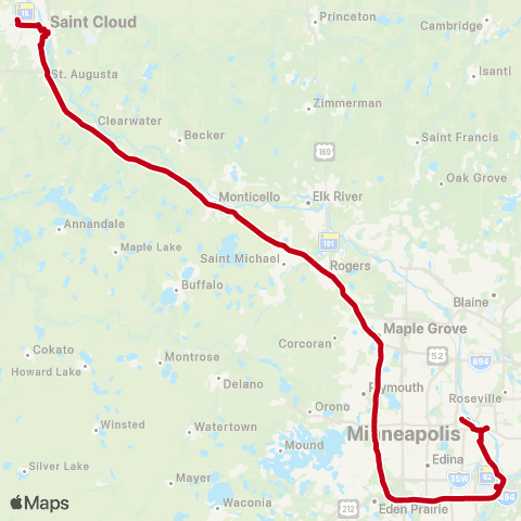 Jefferson Lines Minneapolis - > St. Cloud (VA) map