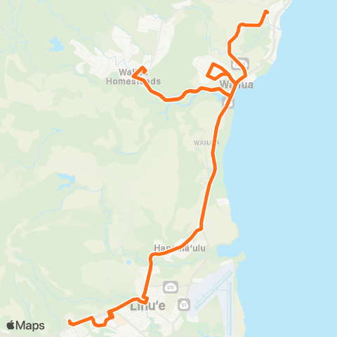 The Kauaʻi Bus Wailua to Lihue Mainline map