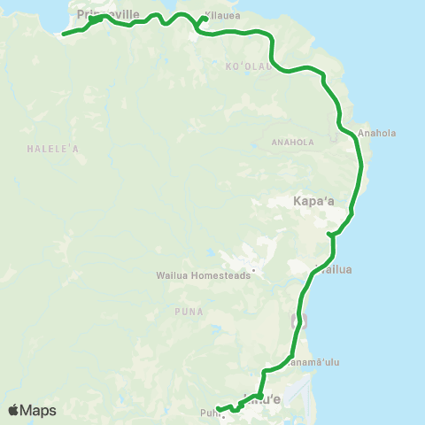 The Kauaʻi Bus Hanalei to Lihue Mainline map