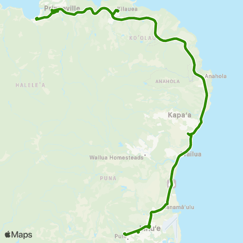 The Kauaʻi Bus Lihue to Hanalei Mainline map