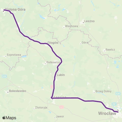Koleje Dolnośląskie Wrocław — Legnica — Głogów — Zielona Góra map