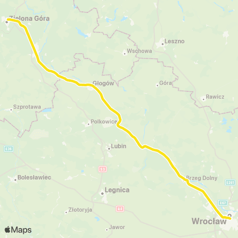 Koleje Dolnośląskie Wrocław — Ścinawa — Głogów — Zielona Góra map
