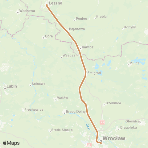 Koleje Dolnośląskie Wrocław — Żmigród — Rawicz — Leszno map