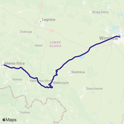 Koleje Dolnośląskie Wrocław — Wałbrzych — Jelenia Góra map
