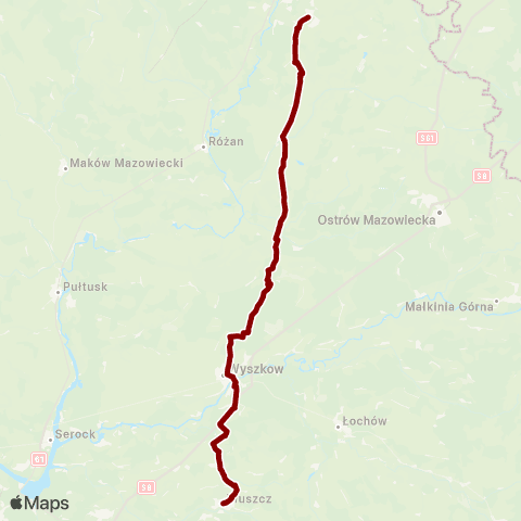 Koleje Mazowieckie Warszawa — Małkinia (Zastępcza Komunikacja Autobusowa) map