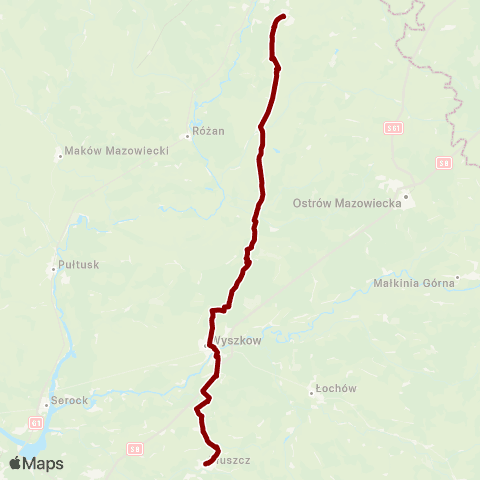 Koleje Mazowieckie Warszawa — Ostrołęka (Przyspieszony) (Zastępcza Komunikacja Autobusowa) map